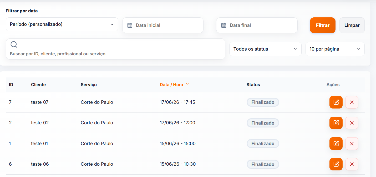 Tela de agendamentos no painel administrativo